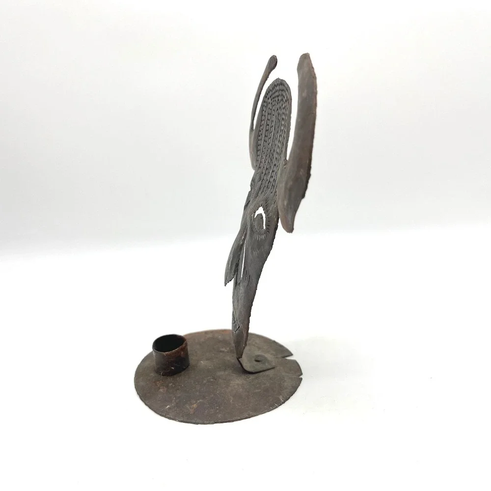 Vintage Tribal Mask Metal Candle Holder Brutalist Horned Folk Art Sculpture